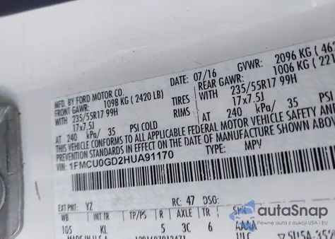 2017 Ford Escape Se from USA, damaged, VIN 1FMCU0GD2HUA91170